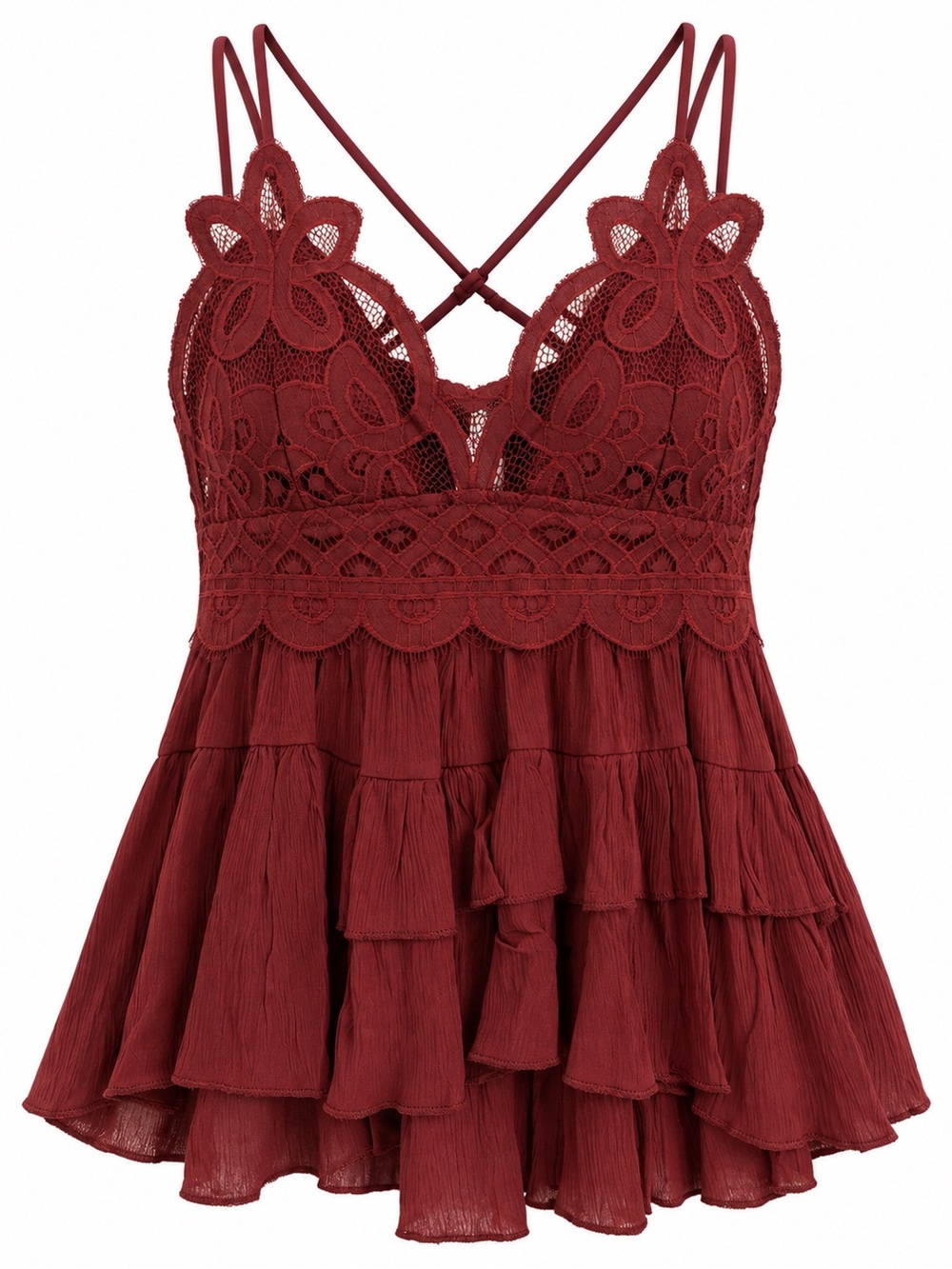 Zenana Outfitters Burgundy Lace Ruffled Chemise